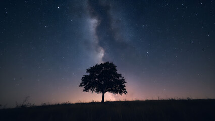 Silhouette of a tree under the Milky Way. Cosmic landscape photography. Ultra-realistic night sky scenes. Nature and astronomy art prints.