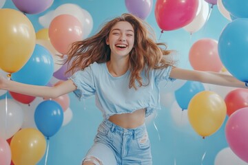 Fashion studio portrait of a happy young woman with balloons, jumping joyfully behind the scenes of a photo shoot, Generative AI