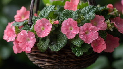 A hanging basket of primrose flowers, with pink blossoms and green leaves, is a charming garden decoration that adds color to any outdoor space