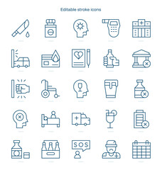 Alcoholism stroke icon. Alcoholism line icon set. editable stroke icon pack