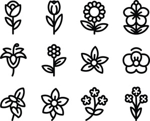 Collection of simple hand drawn floral icons in black and white