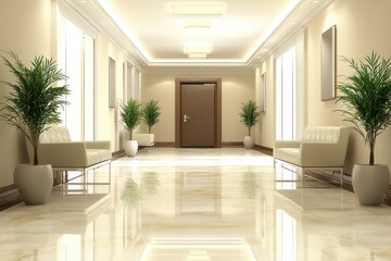 Polished marble hallway with comfortable seating and greenery.