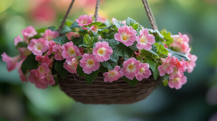 A hanging basket of primrose flowers, with pink blossoms and green leaves, is a charming garden decoration that adds color to any outdoor space