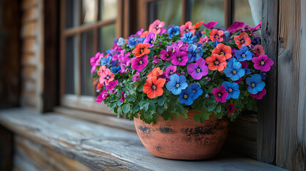 A large terracotta pot filled with vibrant petunias and phlox in various colors