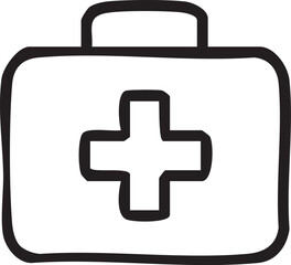 A simple, hand-drawn illustration of a first aid kit, featuring a prominent medical cross on the front.