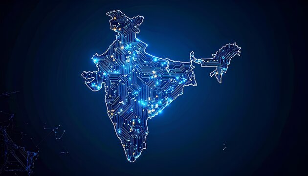 Glowing Circuit Board Map Of A Country, Abstract Digital Technology Concept, India Map States