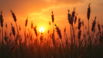 Cattails silhouette at sunrise. Early morning nature scenes. Ultra-realistic landscapes. Beautiful sunrise photography.