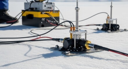Winter field geophysical equipment on snowy surface for research