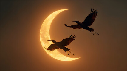 Silhouetted birds flying at night. Crescent moon in the background. Realistic bird flight against moonlight. Stunning night sky photography inspiration.