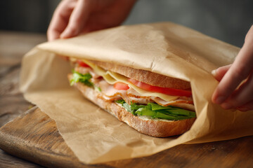 Homemade sandwich being wrapped in parchment paper