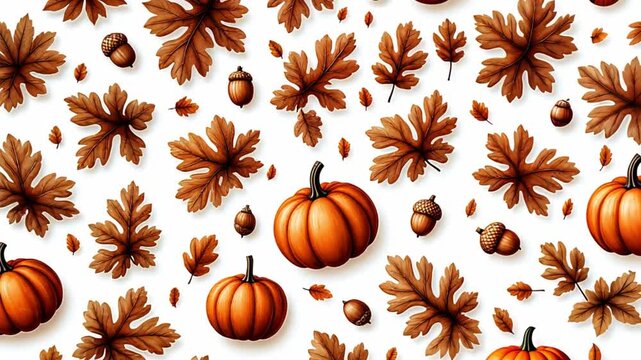 Seamless pattern with pumpkins, acorns and dry leaves on white background, perfect for autumnal celebrations, Thanksgiving and Halloween