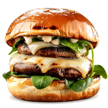 Double Mushroom and Cheese Burger with Arugula on a Brioche Bun