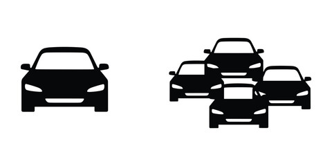 Group and One Solo Black Car Silhouettes, Front View, Simple Automotive Vector Illustration