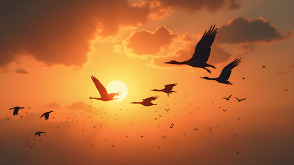 Silhouettes of migrating birds at sunset. Dramatic sky photography with birds. Ultra-realistic bird migration images. Stunning nature silhouettes against colorful skies.
