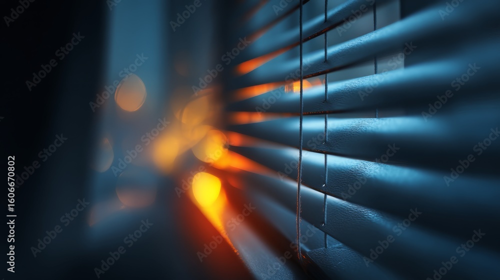 Poster close-up of window blinds with soft, warm light filtering through, creating a cozy and tranquil atmo