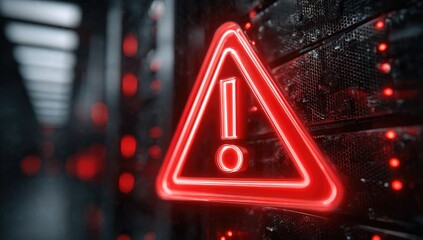 Glowing red neon warning triangle on a dark server rack, signifying a critical system alert or failure within a data center