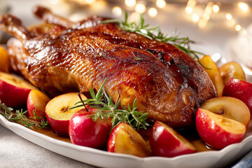Golden Brown Roasted Christmas Goose with Glazed Apples and Herbs, Gourmet Festive Plating