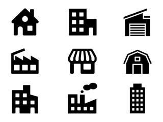 Building and Architecture Icons Set. House, Apartment, Garage, Factory, Shop, Barn, Office, Industrial Plant, and Skyscraper, Urban and Rural Construction Vector