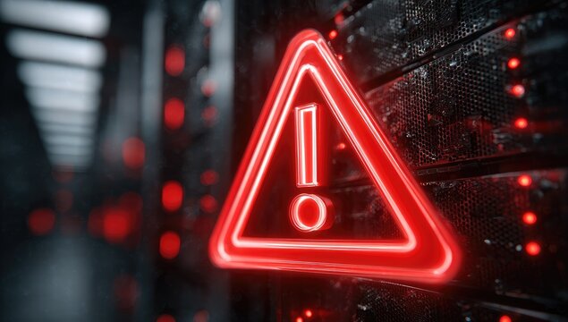 Glowing red neon warning triangle on a dark server rack, signifying a critical system alert or failure within a data center