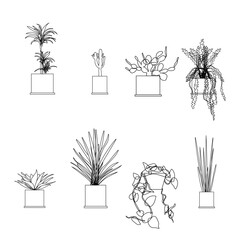 Set of 8 white vector plant silhouettes in pots. Clean minimal botanical elements for home decor and design.