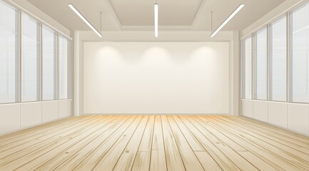 Obraz premium Empty room with large blank wall, wood floor, and windows. Bright, minimalist design ideal for showcasing art or products