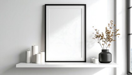 Empty frame on a white shelf with candles and dried flowers