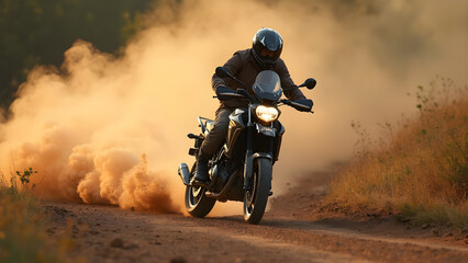 Smoke trail behind motorcycle. Speeding bike on dirt road. Ultra realistic motorcycle chase. Action-packed dirt bike racing visuals.