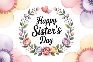 Happy sisters day floral wreath with watercolor background and butterflies