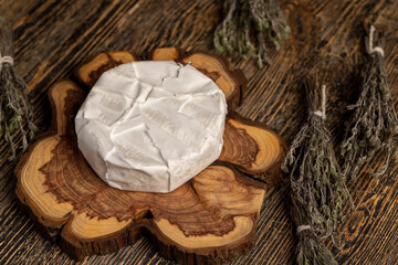 cheese covered with mold on the table, round-shaped processed cheese in white edible mold