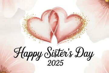 Happy sisters day with two pink hearts and floral accents