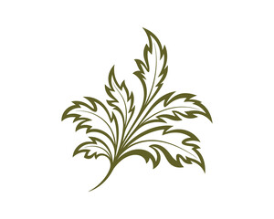 Olive Green Ornamental Leafy Pattern Design Element, Elegant Decorative Plant, Isolated Organic Foliage Vector Illustration