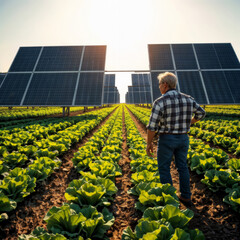 Farmer and solar panels. A farmer stands in a field of crops growing under agrivoltaic solar panels.