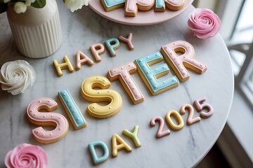 Happy sister day 2025 message made with colorful iced cookies and floral decorations