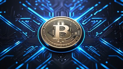 Golden bitcoin coin with glowing blue digital network background