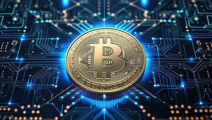 Golden bitcoin coin on a futuristic digital circuit board background with blue lights