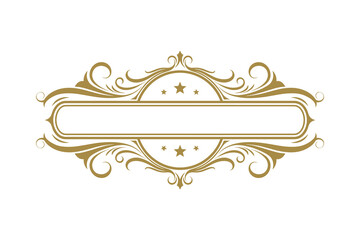 Ornamental Frame with Swirls, Stars, and Gold Color, for Text Insertion, Vector Illustration.