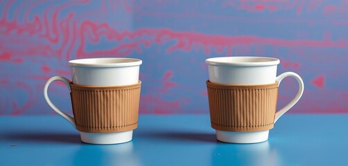 Two white coffee cups in brown sleeves on blue table against red background, aesthetic, warmth
