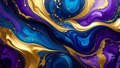 Abstract swirling marbled design in gold, purple, and blue