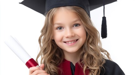 Portrait of a smiling little graduate girl holding diploma, education achievement