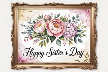 Elegant floral artwork with happy sisters day message in ornate gold frame
