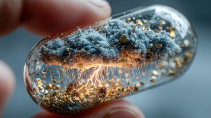 Macro shot of a tiny glass capsule containing a dramatic miniature thunderstorm scene with clouds, rain and glowing lightning, suspended inside a transparent oval vial