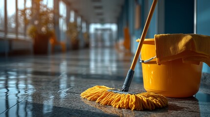 Yellow mop and bucket on a shiny floor in a brightly lit hallway, suggesting cleaning or maintenance in progress.