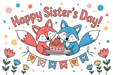Two cute foxes celebrating happy sisters day with a cake and colorful decorations