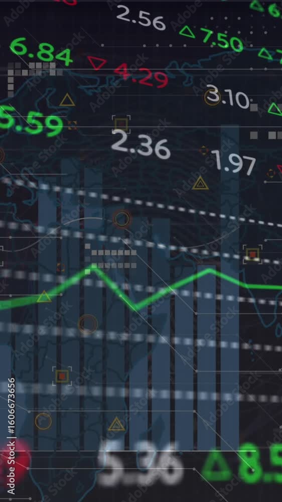 Poster animation of statistical and stock market data processing over world map against black background