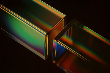 Abstract 3D prisms in luminous blue and amber hues intersect over a black background, reflecting refracted light and futuristic elegance in motionless form.