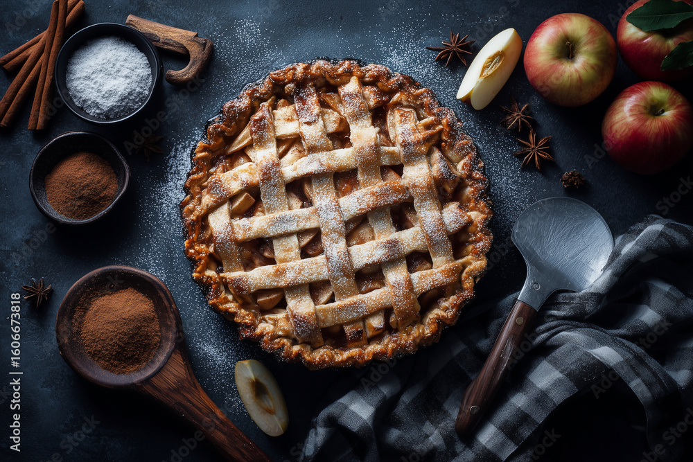 Poster a pie with a lattice crust is sitting on a table with apples and spices