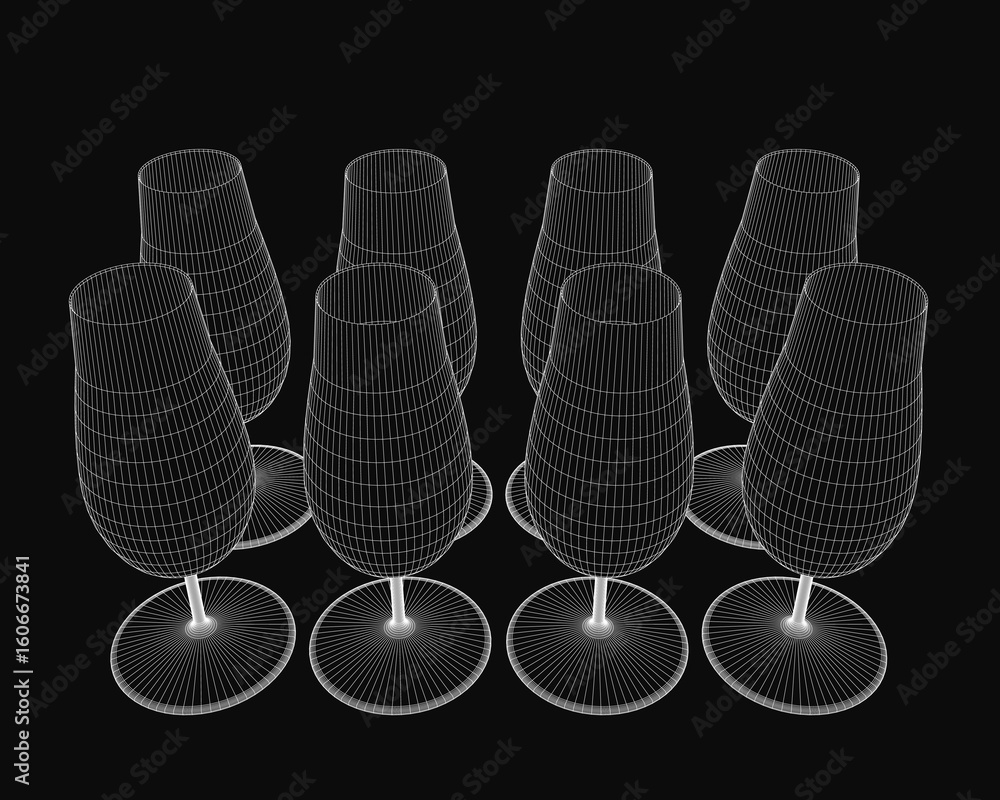 Aufkleber wine glasses arranged in a 3d wireframe model on a black background highlight intricate details and 