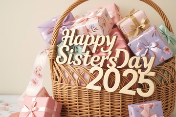 Wicker basket overflowing with gifts and happy sisters day 2025 decoration