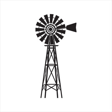 Farm windmill icon, classic American windpump silhouette. Rural agriculture and water pump vector graphic for country logo design.
