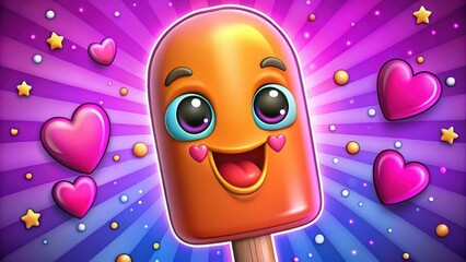 Cute happy orange popsicle with a smiling face surrounded by pink hearts and stars